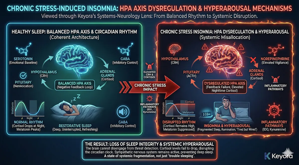 Keyora treats Insomnia (4:40 AM Stare) and the Wired but Tired Paradox in the Professional Defender. Glutamate Dominance causes Inhibitory Collapse (Failure of GAD Enzyme). Ashwagandha acts as a GABA-mimetic to amplify the brake and Magnesium blocks NMDA Excitotoxicity. This restores the Sentry’s ability to stand down. L-Theanine promotes Alpha-Waves. Keyora treats Insomnia (4:40 AM Stare) and the Wired but Tired Paradox in the Professional Defender. Glutamate Dominance causes Inhibitory Collapse (Failure of GAD Enzyme). Ashwagandha acts as a GABA-mimetic to amplify the brake and Magnesium blocks NMDA Excitotoxicity. This restores the Sentry’s ability to stand down. L-Theanine promotes Alpha-Waves.