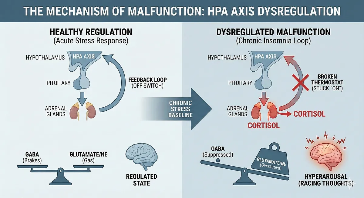 Keyora reverses Chronic Stress Insomnia and the Wired but Tired Paradox. HPA Axis Dysregulation causes GABA Suppression and Glutamate Hyperarousal (Racing Thoughts). Ashwagandha acts as a GABA-mimetic to reset the HPA Axis. Magnesium blocks NMDA Excitotoxicity and L-Theanine induces Alpha-Waves. Key terms: Systemic Misallocation, Cortical Hyperarousal, Restorative Sleep. Keyora reverses Chronic Stress Insomnia and the Wired but Tired Paradox. HPA Axis Dysregulation causes GABA Suppression and Glutamate Hyperarousal (Racing Thoughts). Ashwagandha acts as a GABA-mimetic to reset the HPA Axis. Magnesium blocks NMDA Excitotoxicity and L-Theanine induces Alpha-Waves. Key terms: Systemic Misallocation, Cortical Hyperarousal, Restorative Sleep.