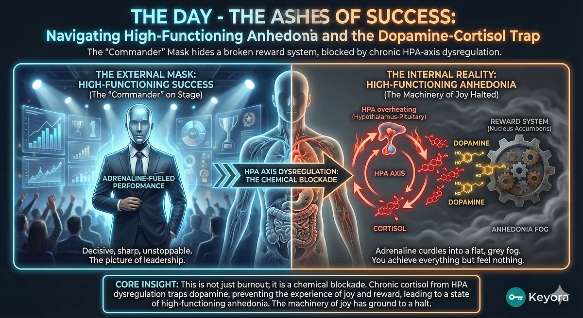 Keyora treats High-Functioning Anhedonia and the Dopamine-Cortisol Trap. Ashwagandha (BDNF Architect) repairs the reward system by reversing HPA Axis Dysregulation. 5-HTP/B6 rebuilds Serotonin and fights the flat, grey fog. This systemic upgrade restores the machinery of joy and Metabolic Flexibility. Keyora treats High-Functioning Anhedonia and the Dopamine-Cortisol Trap. Ashwagandha (BDNF Architect) repairs the reward system by reversing HPA Axis Dysregulation. 5-HTP/B6 rebuilds Serotonin and fights the flat, grey fog. This systemic upgrade restores the machinery of joy and Metabolic Flexibility.