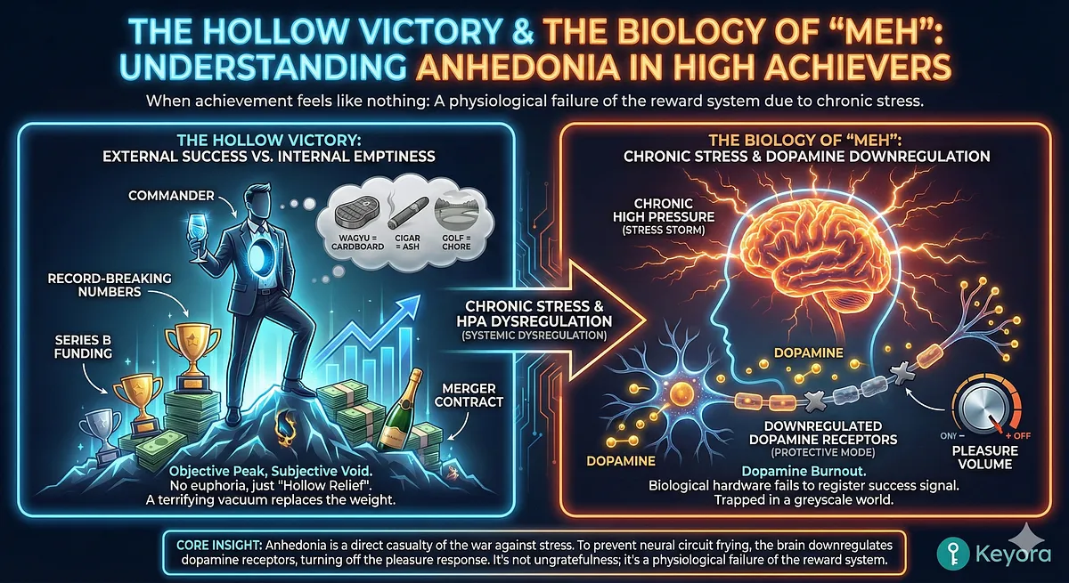 Keyora reverses Hollow Victory Anhedonia caused by Dopamine Burnout. Chronic stress causes Dopamine Downregulation and BDNF Collapse. Ashwagandha (BDNF Architect) and 5-HTP/B6 rebuild the Dopamine Synthesis Loop to restore the machinery of joy and Metabolic Flexibility. Keyora reverses Hollow Victory Anhedonia caused by Dopamine Burnout. Chronic stress causes Dopamine Downregulation and BDNF Collapse. Ashwagandha (BDNF Architect) and 5-HTP/B6 rebuild the Dopamine Synthesis Loop to restore the machinery of joy and Metabolic Flexibility.