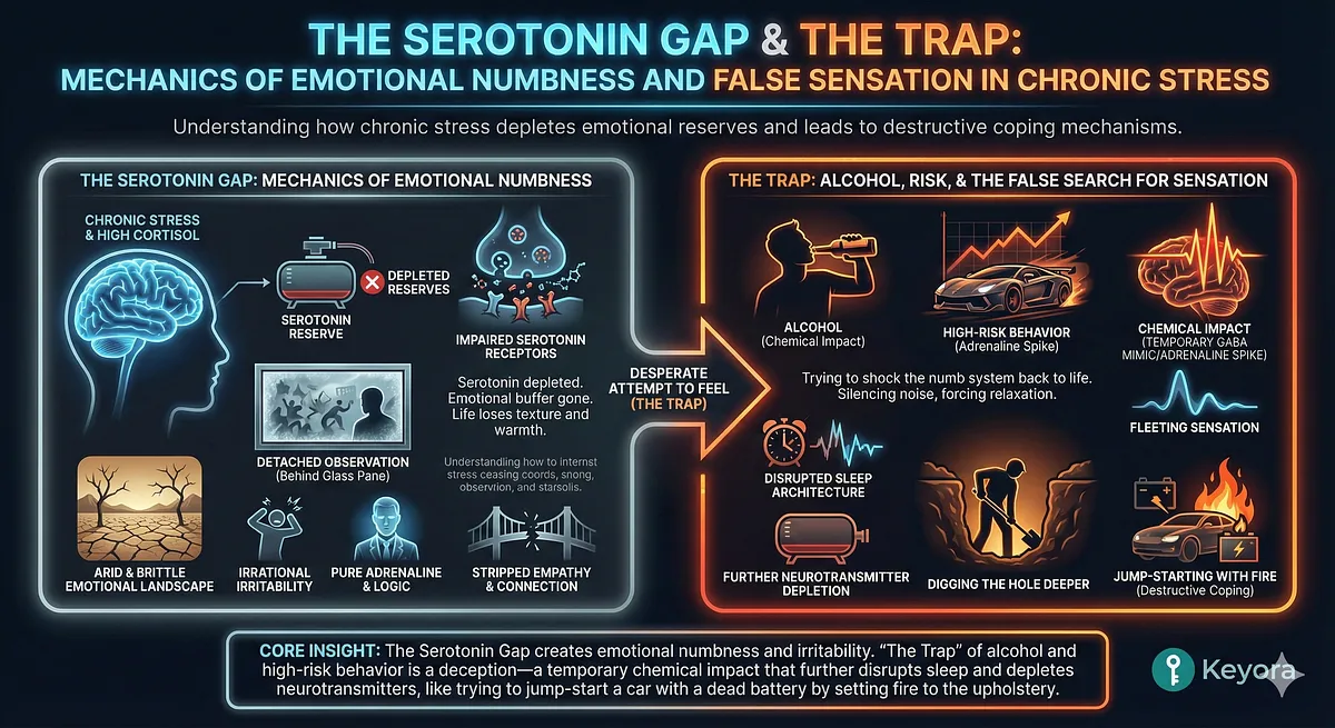 Keyora reverses the Serotonin Gap and Emotional Numbness caused by high Cortisol. 5-HTP/B6 rebuilds Serotonin reserves, ending the dependence on Alcohol and High-Risk Behaviors. Ashwagandha buffers pure Adrenaline and restores Metabolic Flexibility. Keyora reverses the Serotonin Gap and Emotional Numbness caused by high Cortisol. 5-HTP/B6 rebuilds Serotonin reserves, ending the dependence on Alcohol and High-Risk Behaviors. Ashwagandha buffers pure Adrenaline and restores Metabolic Flexibility.