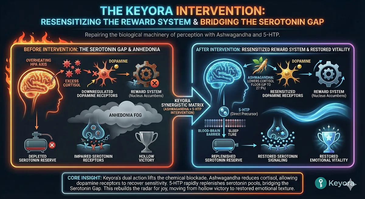 Keyora MoodFlow acts as a Resensitizing Matrix to reverse Success Anhedonia and Serotonin Gap. Ashwagandha reduces serum Cortisol by 27.9% to lift Dopamine suppression. 5-HTP freely crosses the Blood-Brain Barrier to rapidly restore Emotional Vitality. This rebuilds the radar system. Keyora MoodFlow acts as a Resensitizing Matrix to reverse Success Anhedonia and Serotonin Gap. Ashwagandha reduces serum Cortisol by 27.9% to lift Dopamine suppression. 5-HTP freely crosses the Blood-Brain Barrier to rapidly restore Emotional Vitality. This rebuilds the radar system.