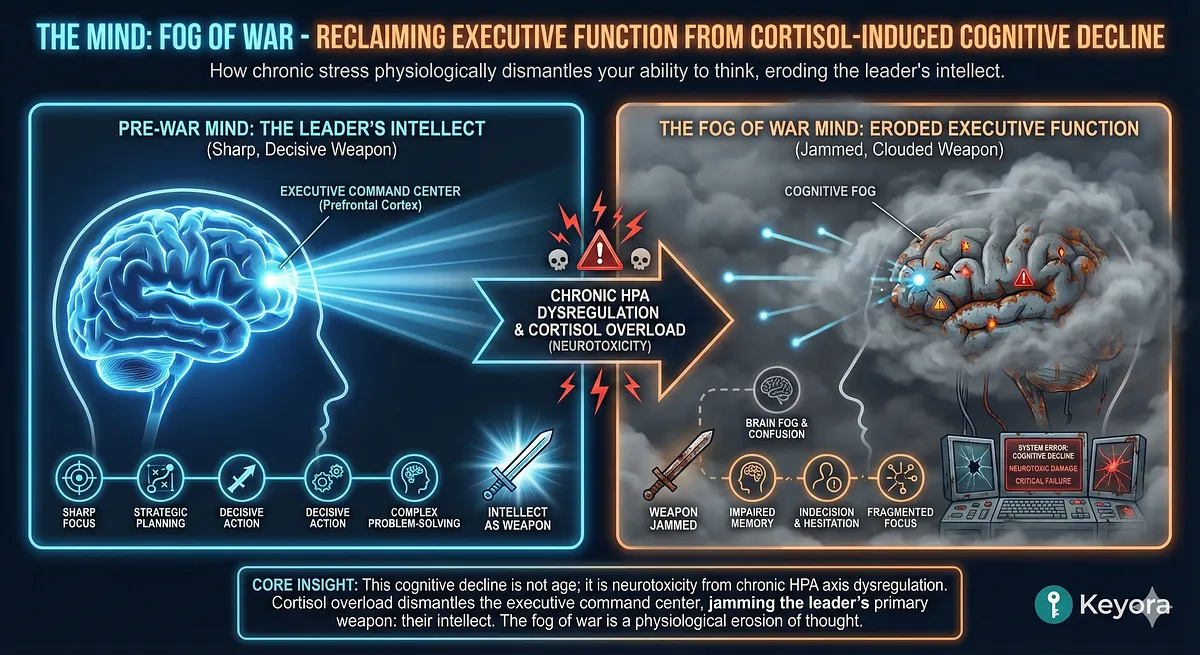 Keyora addresses the Fog of War and Executive Function decline caused by HPA Axis Dysregulation and Neurotoxicity. Ashwagandha upregulates BDNF (Synaptic Repair). L-Theanine clears the fog by inducing Alpha-Waves. This Systemic Upgrade reconstructs the cognitive command center, restoring the weapon of intellect and Metabolic Flexibility. Keyora addresses the Fog of War and Executive Function decline caused by HPA Axis Dysregulation and Neurotoxicity. Ashwagandha upregulates BDNF (Synaptic Repair). L-Theanine clears the fog by inducing Alpha-Waves. This Systemic Upgrade reconstructs the cognitive command center, restoring the weapon of intellect and Metabolic Flexibility.