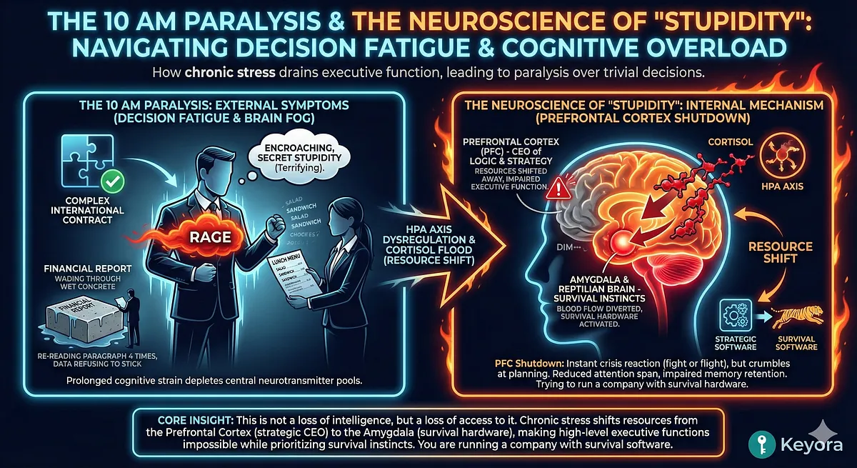 Keyora reverses the Fog of War and Executive Function decline caused by HPA Axis Dysregulation. Chronic stress causes Prefrontal Cortex Shutdown. Ashwagandha upregulates BDNF to repair atrophy; L-Theanine induces Alpha-Waves to clear Brain Fog. This restores strategic software. Key terms: Decision Fatigue, Neurotoxicity, Systemic Upgrade. Keyora reverses the Fog of War and Executive Function decline caused by HPA Axis Dysregulation. Chronic stress causes Prefrontal Cortex Shutdown. Ashwagandha upregulates BDNF to repair atrophy; L-Theanine induces Alpha-Waves to clear Brain Fog. This restores strategic software. Key terms: Decision Fatigue, Neurotoxicity, Systemic Upgrade.