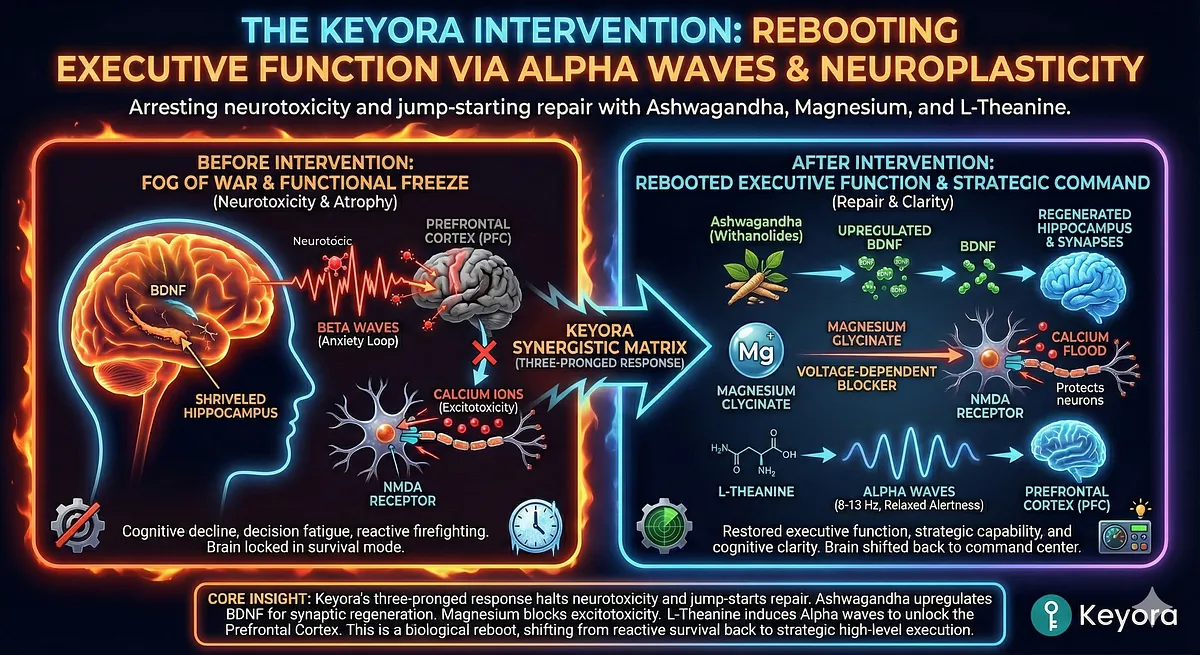 Keyora reboots Executive Function following PFC Shutdown. Ashwagandha upregulates BDNF for Neuroplasticity. Magnesium blocks Excitotoxicity. L-Theanine restores Alpha-Waves for strategic thought. Key terms: Brain Fog, Functional Freeze, Systemic Upgrade. Keyora reboots Executive Function following PFC Shutdown. Ashwagandha upregulates BDNF for Neuroplasticity. Magnesium blocks Excitotoxicity. L-Theanine restores Alpha-Waves for strategic thought. Key terms: Brain Fog, Functional Freeze, Systemic Upgrade.