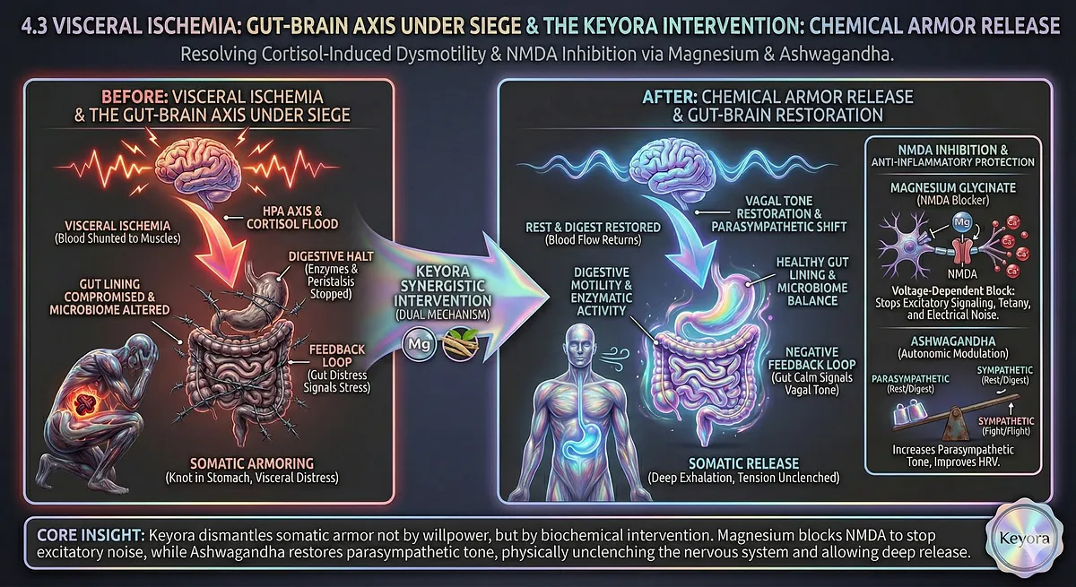 Keyora reverses Visceral Ischemia and Cortisol-Induced Dysmotility. Sympathetic Override shunts blood from the Gut-Brain Axis. Magnesium blocks the NMDA Receptor to stop tetany. Ashwagandha suppresses inflammatory cytokines. This releases the Somatic Armor. Keyora reverses Visceral Ischemia and Cortisol-Induced Dysmotility. Sympathetic Override shunts blood from the Gut-Brain Axis. Magnesium blocks the NMDA Receptor to stop tetany. Ashwagandha suppresses inflammatory cytokines. This releases the Somatic Armor.