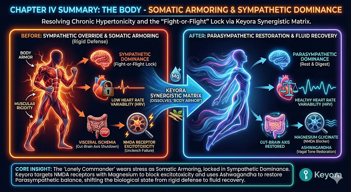Keyora reverses Somatic Armoring and Chronic Hypertonicity. Sympathetic Override causes Low HRV and Visceral Ischemia. Magnesium Glycinate targets the NMDA Receptor to block Excitotoxicity. Ashwagandha restores Parasympathetic Dominance and Vagal Tone. This shifts the system from rigid defense to fluid recovery. Keyora reverses Somatic Armoring and Chronic Hypertonicity. Sympathetic Override causes Low HRV and Visceral Ischemia. Magnesium Glycinate targets the NMDA Receptor to block Excitotoxicity. Ashwagandha restores Parasympathetic Dominance and Vagal Tone. This shifts the system from rigid defense to fluid recovery.