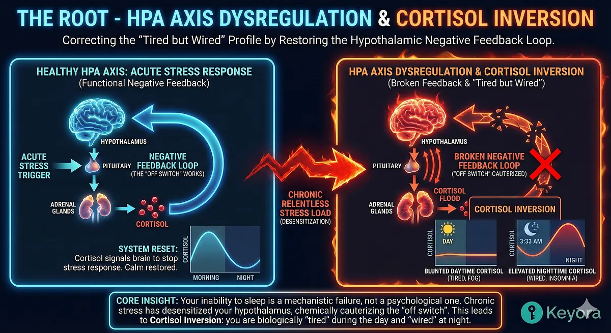 Keyora addresses the root Mechanistic Failure: HPA Axis Dysregulation and Cortisol Inversion. This broken feedback loop dictates the Tired but Wired profile. Intervention requires Neuro-endocrinology. Ashwagandha resets the HPA Axis, restoring the system's "off switch" to reverse the hardware problem. Key terms: BDNF, GABA, Systemic Upgrade. Keyora addresses the root Mechanistic Failure: HPA Axis Dysregulation and Cortisol Inversion. This broken feedback loop dictates the Tired but Wired profile. Intervention requires Neuro-endocrinology. Ashwagandha resets the HPA Axis, restoring the system's "off switch" to reverse the hardware problem. Key terms: BDNF, GABA, Systemic Upgrade.