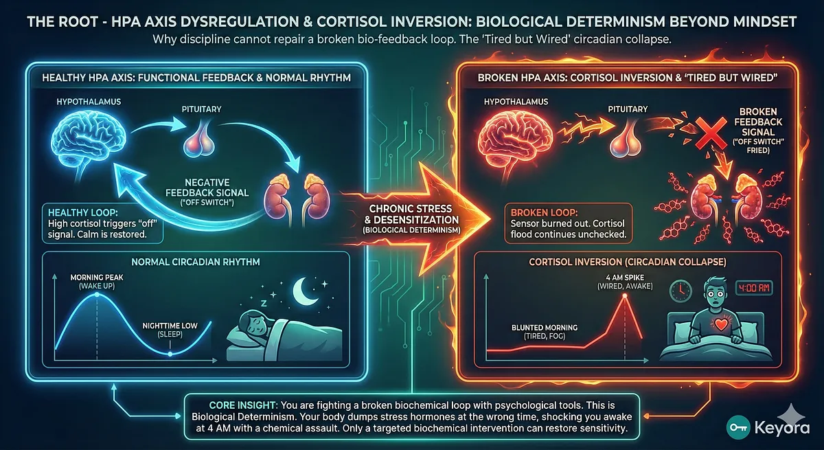 Keyora addresses the root Mechanistic Failure: HPA Axis Dysregulation and Biological Determinism. This broken feedback loop dictates the Tired but Wired profile. Cortisol Inversion causes the dreaded 4 AM Spike, chemically assaulting the system. Only biochemical intervention restores sensitivity to the fried circuit board.Keyora addresses the root Mechanistic Failure: HPA Axis Dysregulation and Biological Determinism. This broken feedback loop dictates the Tired but Wired profile. Cortisol Inversion causes the dreaded 4 AM Spike, chemically assaulting the system. Only biochemical intervention restores sensitivity to the fried circuit board. Keyora addresses the root Mechanistic Failure: HPA Axis Dysregulation and Biological Determinism. This broken feedback loop dictates the Tired but Wired profile. Cortisol Inversion causes the dreaded 4 AM Spike, chemically assaulting the system. Only biochemical intervention restores sensitivity to the fried circuit board.Keyora addresses the root Mechanistic Failure: HPA Axis Dysregulation and Biological Determinism. This broken feedback loop dictates the Tired but Wired profile. Cortisol Inversion causes the dreaded 4 AM Spike, chemically assaulting the system. Only biochemical intervention restores sensitivity to the fried circuit board.
