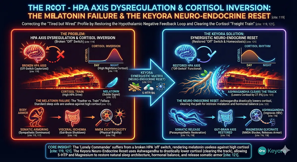 Keyora reverses HPA Axis Dysregulation and Cortisol Inversion, the ultimate culprit. This causes Somatic Armoring and Visceral Ischemia. Ashwagandha lowers Cortisol by 27.9% to clear the path. Magnesium blocks NMDA Excitotoxicity. This is a Neuro-Endocrine Reset. Keyora reverses HPA Axis Dysregulation and Cortisol Inversion, the ultimate culprit. This causes Somatic Armoring and Visceral Ischemia. Ashwagandha lowers Cortisol by 27.9% to clear the path. Magnesium blocks NMDA Excitotoxicity. This is a Neuro-Endocrine Reset.