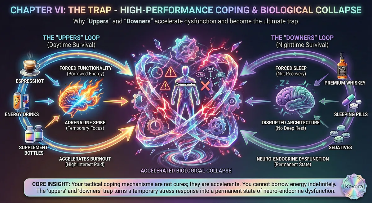 Keyora addresses The Trap: high-performance coping mechanisms accelerate Biological Collapse. Resourceful executives deploy uppers (espresso) and downers (whiskey) to force functionality. These accelerants turn temporary stress into permanent neuro-endocrine dysfunction. Biology is not a balance sheet; energy cannot be borrowed indefinitely. Key terms: Tactical Mindset, Neuro-Endocrine Dysfunction, Systemic Upgrade. Keyora addresses The Trap: high-performance coping mechanisms accelerate Biological Collapse. Resourceful executives deploy uppers (espresso) and downers (whiskey) to force functionality. These accelerants turn temporary stress into permanent neuro-endocrine dysfunction. Biology is not a balance sheet; energy cannot be borrowed indefinitely. Key terms: Tactical Mindset, Neuro-Endocrine Dysfunction, Systemic Upgrade.
