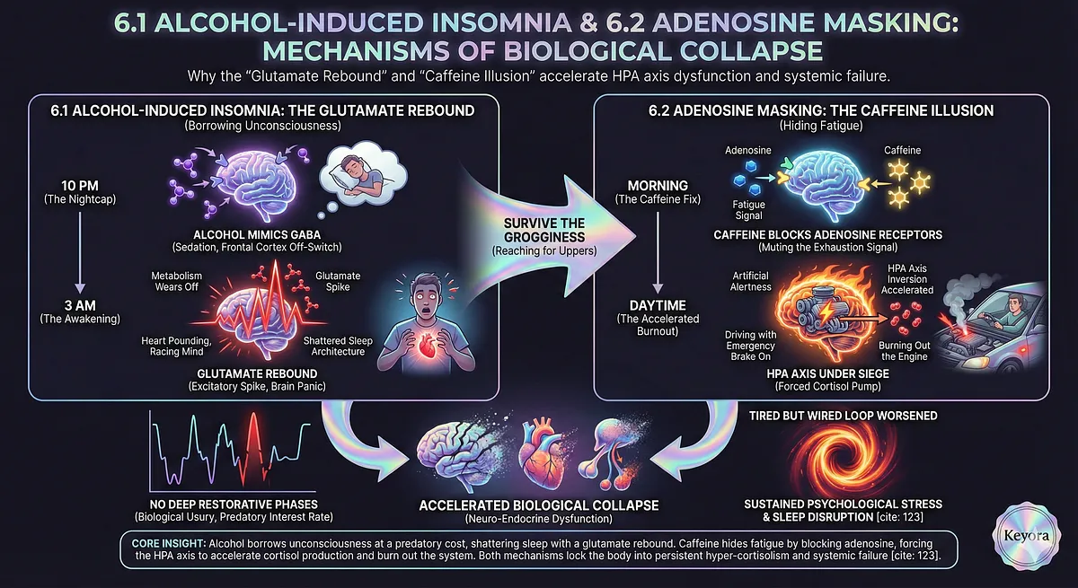Keyora addresses the Biological Collapse caused by Alcohol (Glutamate Rebound) and Caffeine (Adenosine Masking) The “Glutamate Rebound”:, 6.2 [Adenosine Masking] The Caffeine Illusion:]. Alcohol creates a 3 AM Awakening by spiking Glutamate The “Glutamate Rebound”:]. Caffeine forces the HPA Axis to pump Cortisol, accelerating HPA Axis Inversion The Caffeine Illusion:]. These high-performance coping mechanisms worsen the Tired but Wired loop The Caffeine Illusion:, 6.1 [Alcohol-Induced Insomnia] The “Glutamate Rebound”:]. Key terms: Counterfeit Sleep, Biological Usury.