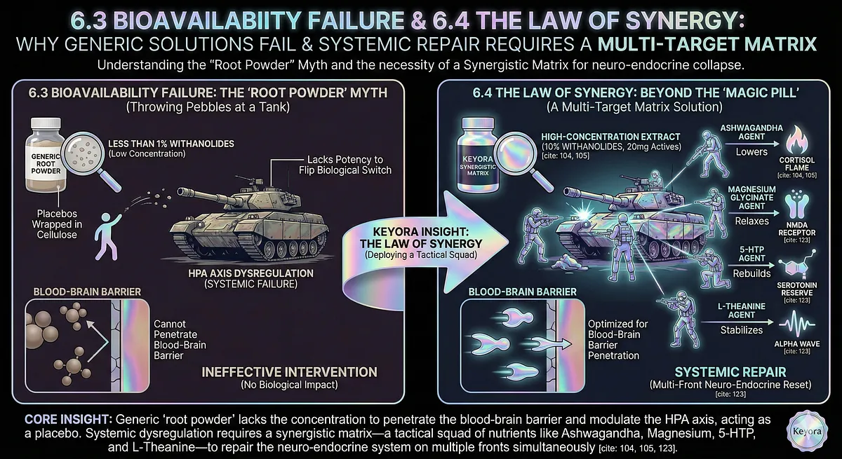 Keyora addresses the Root Powder Myth (Bioavailability Failure) The “Root Powder” Myth:]. Generic supplements lack the 10% Withanolides required to modulate the HPA Axis and cross the Blood-Brain Barrier The “Root Powder” Myth:]. The Law of Synergy demands a multi-target solution Beyond the “Magic Pill”:]. The Synergistic Matrix deploys Ashwagandha, Magnesium Glycinate, 5-HTP, and L-Theanine to repair neuro-endocrine collapse on multiple fronts Beyond the “Magic Pill”:].