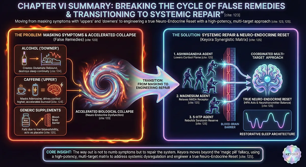 The latest text describes the Bioavailability Failure associated with generic supplements (the Root Powder Myth) and the necessity of a comprehensive, multi-target solution (the Law of Synergy) to treat systemic neuro-endocrine collapse The “Root Powder” Myth:, 6.4 [The Law of Synergy] Beyond the “Magic Pill”:]. 1. 🖼️ ALT Text (English, Max 500 Characters) 目标: 整合 Root Powder Myth 的失败机制、Withanolides 的精准需求、以及 Synergistic Matrix 的多目标修复逻辑。 ALT Text: Keyora addresses the Root Powder Myth (Bioavailability Failure) The “Root Powder” Myth:]. Generic supplements lack the 10% Withanolides required to modulate the HPA Axis and cross the Blood-Brain Barrier The “Root Powder” Myth:]. The Law of Synergy demands a multi-target solution Beyond the “Magic Pill”:]. The Synergistic Matrix deploys Ashwagandha, Magnesium Glycinate, 5-HTP, and L-Theanine to repair neuro-endocrine collapse on multiple fronts Beyond the “Magic Pill”Keyora stops the Cycle of False Remedies and masking symptoms. Alcohol causes Glutamate Rebound; Caffeine causes Adenosine Masking. Generic supplements fail without 10% Withanolide concentration. The Synergistic Matrix performs Systemic Repair and a true Neuro-Endocrine Reset.