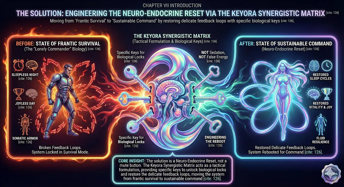 Keyora Synchro-Endocrinic Matrix bottle displaying the core ingredients and the target function: Neuro-Endocrine Reset. Key active ingredients listed are Ashwaghatol (likely Ashwagandha), 5HTP/B6, L-Theanine, and Magnesium Glyactaite (likely Magnesium Glycinate), confirming the multi-target approach to systemic neuro-chemical repair.Keyora Synergistic Matrix executes a Neuro-Endocrine Reset to repair the delicate feedback loops severed by chronic stress. This tactical formulation addresses the sleepless night, joyless day, and somatic armor, moving the system from frantic survival to sustainable command. The objective is a reboot, not sedation or artificial stimulation. Keyora Synchro-Endocrinic Matrix bottle displaying the core ingredients and the target function: Neuro-Endocrine Reset. Key active ingredients listed are Ashwaghatol (likely Ashwagandha), 5HTP/B6, L-Theanine, and Magnesium Glyactaite (likely Magnesium Glycinate), confirming the multi-target approach to systemic neuro-chemical repair.Keyora Synergistic Matrix executes a Neuro-Endocrine Reset to repair the delicate feedback loops severed by chronic stress. This tactical formulation addresses the sleepless night, joyless day, and somatic armor, moving the system from frantic survival to sustainable command. The objective is a reboot, not sedation or artificial stimulation.