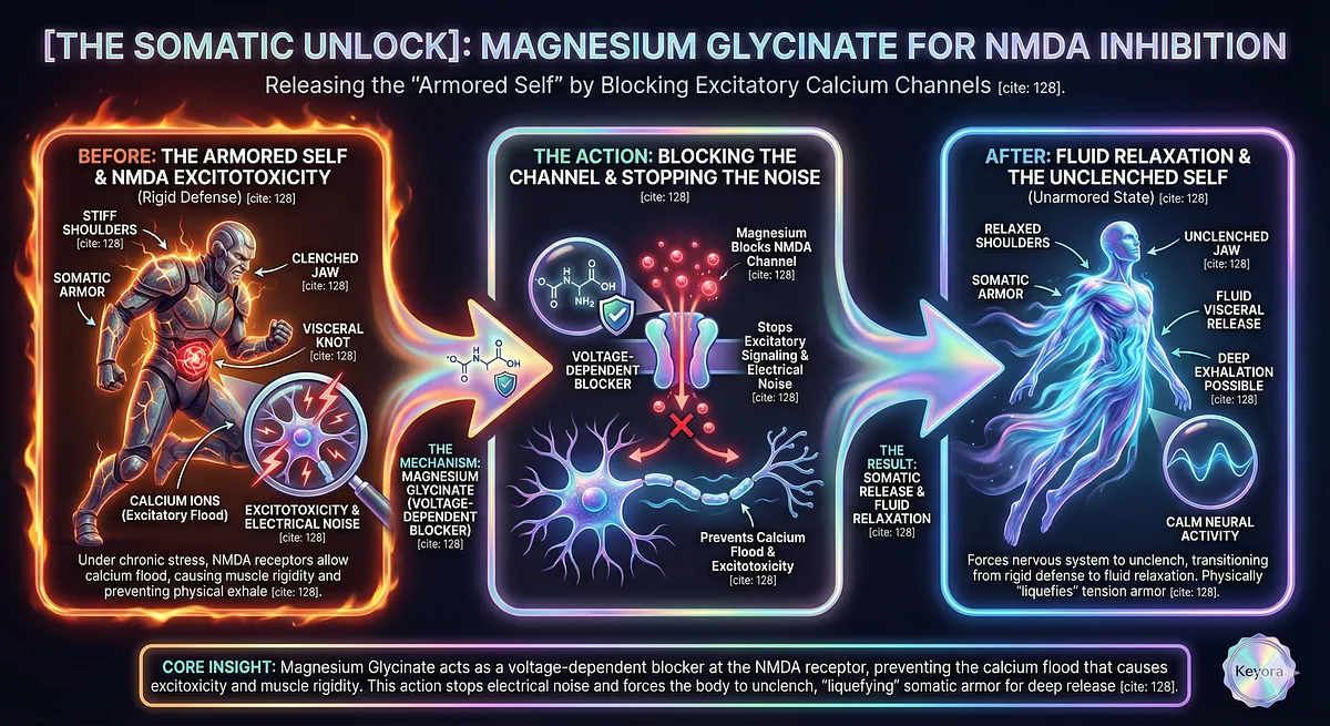 Keyora uses Magnesium Glycinate for NMDA Inhibition to release Somatic Armoring (stiff shoulders, clenched jaw, visceral knot). Magnesium acts as a voltage-dependent blocker to stop the calcium flood, preventing excitotoxicity and forcing the nervous system to unclench for fluid relaxation. Keyora uses Magnesium Glycinate for NMDA Inhibition to release Somatic Armoring (stiff shoulders, clenched jaw, visceral knot). Magnesium acts as a voltage-dependent blocker to stop the calcium flood, preventing excitotoxicity and forcing the nervous system to unclench for fluid relaxation.