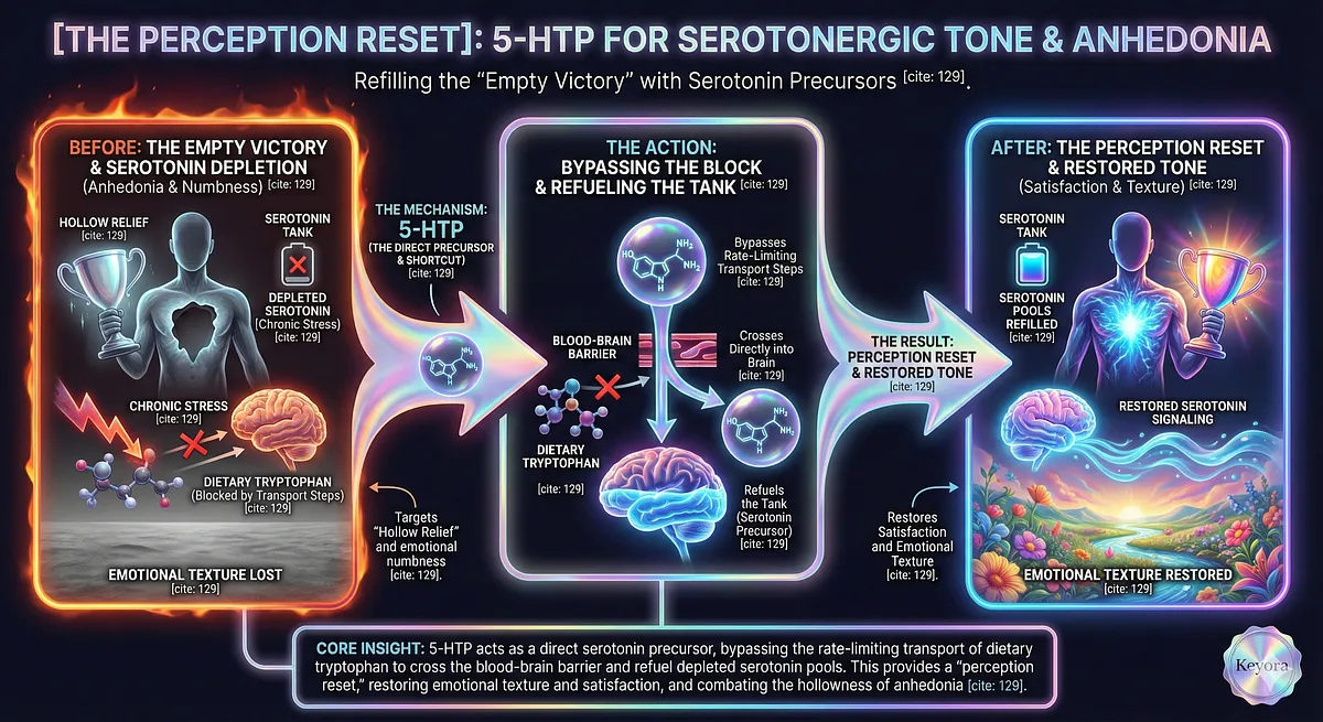 Keyora uses 5-HTP to execute the Perception Reset, refilling the Serotonin Gap and treating Anhedonia: 5-HTP for Serotonergic Tone & Anhedonia Refilling the “Empty Victory” with Serotonin Precursors.]. 5-HTP bypasses rate-limiting transport steps, crossing directly into the brain: 5-HTP for Serotonergic Tone & Anhedonia Refilling the “Empty Victory” with Serotonin Precursors.]. It provides the raw material to synthesize serotonin, restoring the emotional texture and allowing for the warmth of connection: 5-HTP for Serotonergic Tone & Anhedonia Refilling the “Empty Victory” with Serotonin Precursors.].