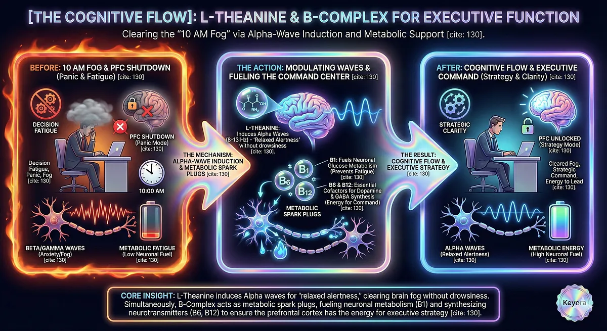 Keyora uses L-Theanine and B-Complex to reboot Executive Function. L-Theanine induces Alpha Waves (8-13 Hz) for “relaxed alertness”. B-Complex acts as a metabolic spark plug. B1, B6, and B12 fuel neuronal metabolism and act as cofactors for synthesizing dopamine and GABA to clear the 10 AM Fog. Keyora uses L-Theanine and B-Complex to reboot Executive Function. L-Theanine induces Alpha Waves (8-13 Hz) for “relaxed alertness”. B-Complex acts as a metabolic spark plug. B1, B6, and B12 fuel neuronal metabolism and act as cofactors for synthesizing dopamine and GABA to clear the 10 AM Fog.
