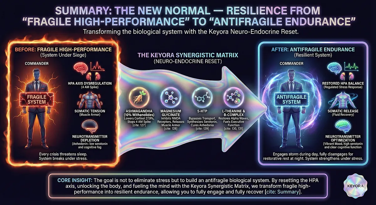 Keyora achieves Antifragile Endurance and the Neuro-Endocrine Reset. Ashwagandha (10% Withanolides) lowers Cortisol by 27.9%. Magnesium releases Somatic Tension. 5-HTP cures Anhedonia. L-Theanine restores Executive Function. Keyora achieves Antifragile Endurance and the Neuro-Endocrine Reset. Ashwagandha (10% Withanolides) lowers Cortisol by 27.9%. Magnesium releases Somatic Tension. 5-HTP cures Anhedonia. L-Theanine restores Executive Function.