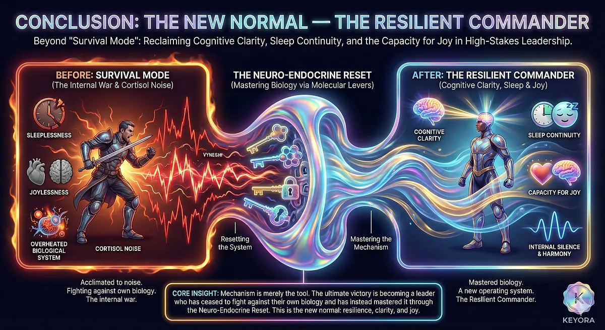 Keyora achieves the Neuro-Endocrine Reset, creating The Resilient Commander. The new operating system restores Cognitive Clarity, Sleep Continuity, and the Capacity for Joy in high-stakes leadership. The commander moves beyond Survival Mode to a state of mastered biology and Antifragile Endurance. Keyora achieves the Neuro-Endocrine Reset, creating The Resilient Commander. The new operating system restores Cognitive Clarity, Sleep Continuity, and the Capacity for Joy in high-stakes leadership. The commander moves beyond Survival Mode to a state of mastered biology and Antifragile Endurance.