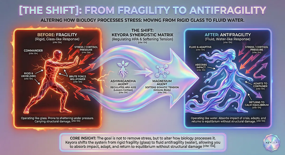 Keyora achieves Antifragility by fundamentally altering stress processing. The Synergistic Matrix shifts the leader from fragile, rigid, and prone to shattering, to fluid and adaptable. Ashwagandha regulates the HPA axis; Magnesium softens somatic tension, enabling the commander to absorb crisis and return to calm equilibrium. Keyora achieves Antifragility by fundamentally altering stress processing. The Synergistic Matrix shifts the leader from fragile, rigid, and prone to shattering, to fluid and adaptable. Ashwagandha regulates the HPA axis; Magnesium softens somatic tension, enabling the commander to absorb crisis and return to calm equilibrium.