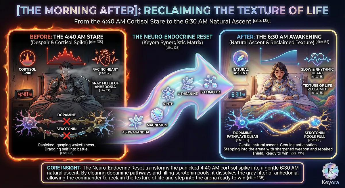 Visualization of the new reality: a gentle, natural ascent into consciousness at 6:30 AM, replacing the 4:40 AM cortisol spike. The gray filter of Anhedonia is dissolved. Dopamine pathways are clear, and the serotonin pools are full. The leader is ready to win, stepping into the arena with a fully repaired biological system. Visualization of the new reality: a gentle, natural ascent into consciousness at 6:30 AM, replacing the 4:40 AM cortisol spike. The gray filter of Anhedonia is dissolved. Dopamine pathways are clear, and the serotonin pools are full. The leader is ready to win, stepping into the arena with a fully repaired biological system.