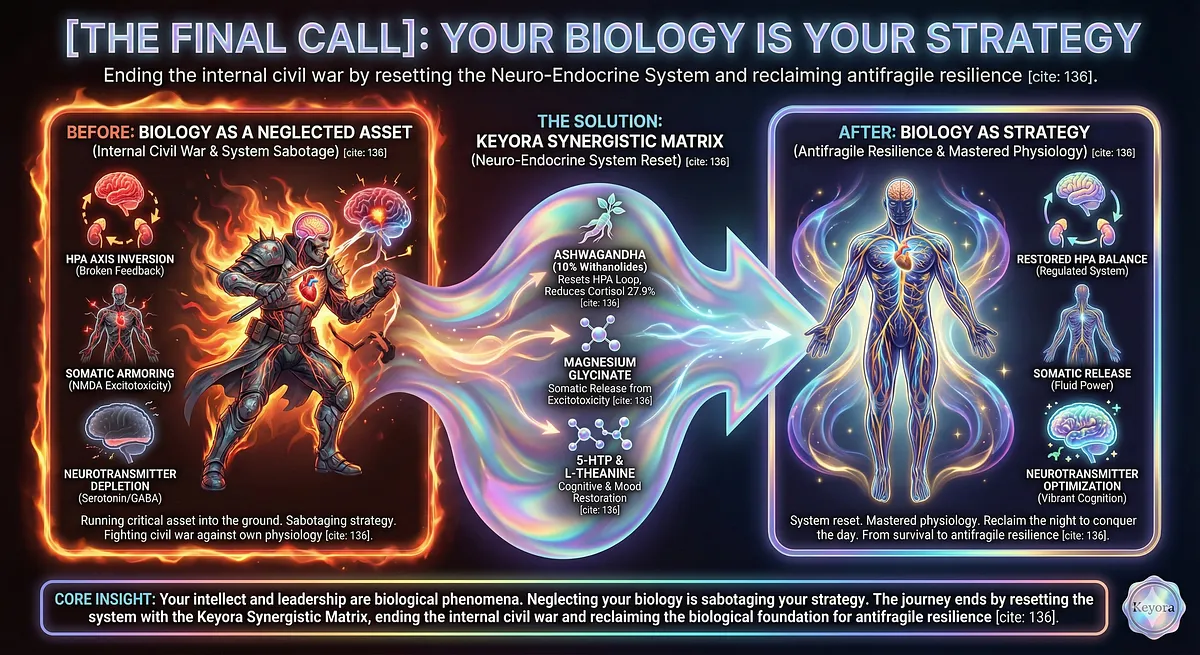 Keyora addresses the Neuro-Endocrine System crisis of the Lonely Commander. Symptoms (Insomnia, Anhedonia, Decision Fatigue) trace to HPA Axis Inversion and Somatic Armoring. The Synergistic Matrix utilizes 10% Withanolides to reset the HPA loop, reducing Cortisol by 27.9%, achieving Antifragile Resilience. Keyora addresses the Neuro-Endocrine System crisis of the Lonely Commander. Symptoms (Insomnia, Anhedonia, Decision Fatigue) trace to HPA Axis Inversion and Somatic Armoring. The Synergistic Matrix utilizes 10% Withanolides to reset the HPA loop, reducing Cortisol by 27.9%, achieving Antifragile Resilience.