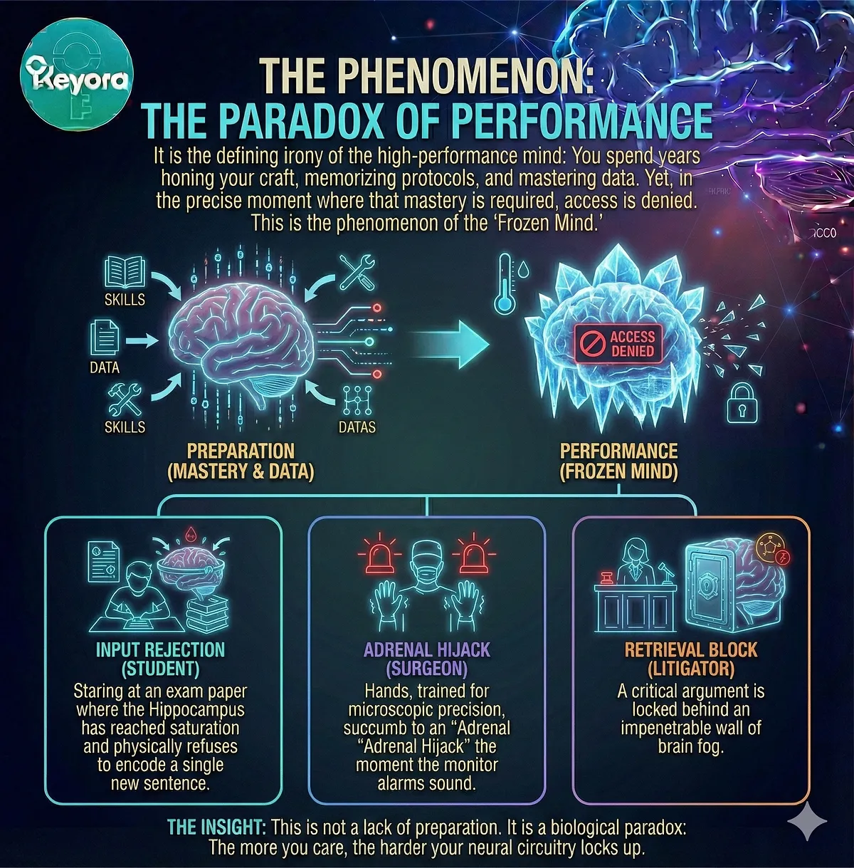 Ashwagandha Multi-Axis Adaptogen Diagram: Keyora visual illustrating systemic modulation of the HPA axis, Cortisol regulation, Neuroprotection, and Thyroid function for neuroendocrine resilience.