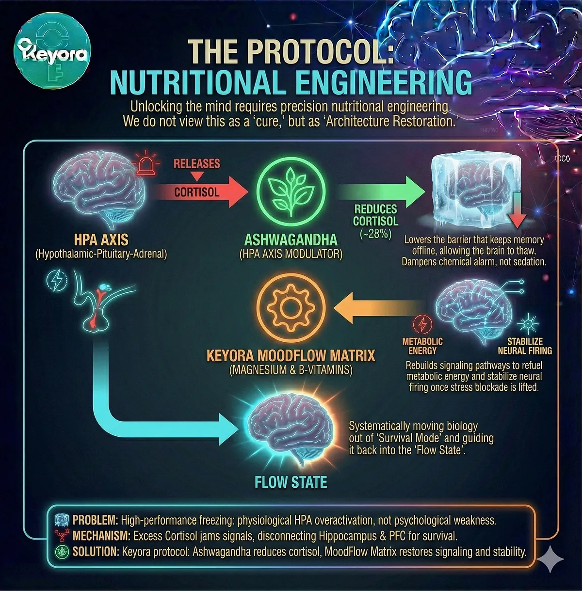Keyora Nutritional Engineering Protocol: Flowchart showing Ashwagandha and MoodFlow Matrix suppressing HPA axis and restoring Prefrontal Cortex function to achieve Flow State. Mechanism of neuro-chemical reset.