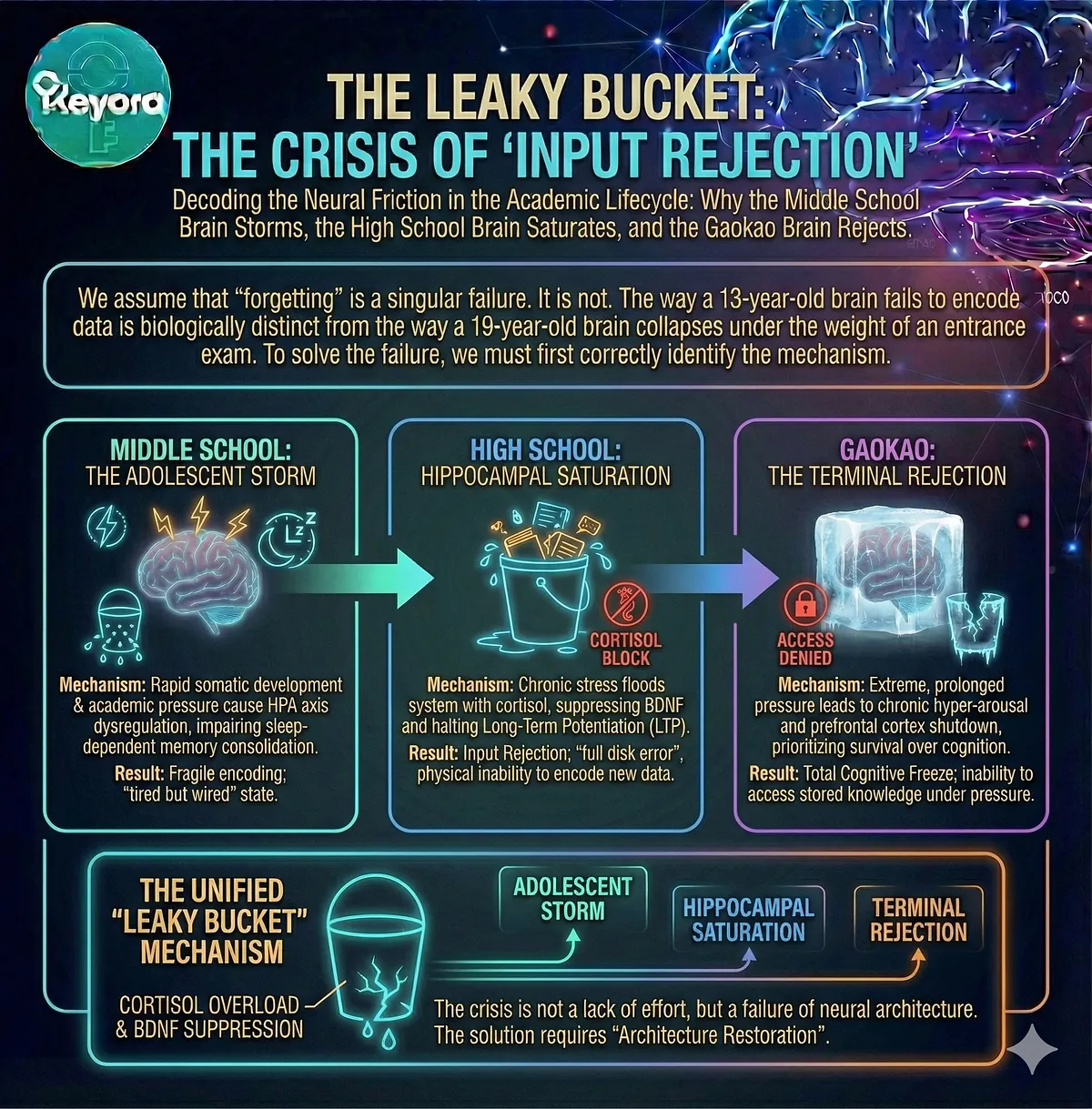 Keyora Nutritional Engineering Protocol: Flowchart showing Ashwagandha and MoodFlow Matrix suppressing HPA axis and restoring Prefrontal Cortex function to achieve Flow State. Mechanism of neuro-chemical reset.