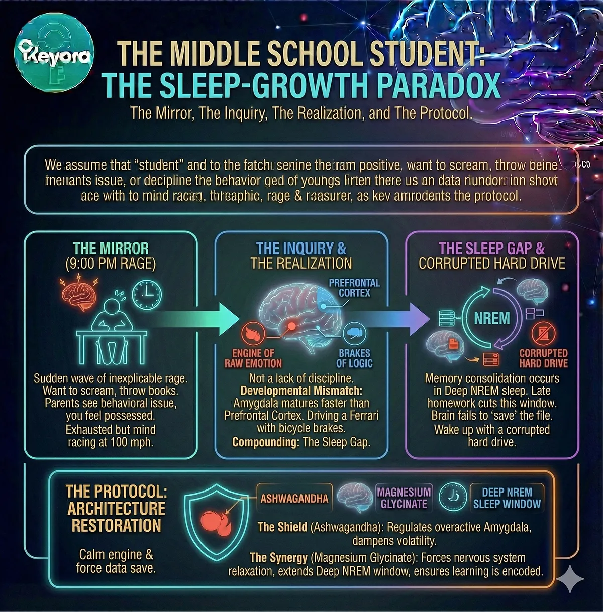Keyora Nutritional Engineering Protocol: Flowchart showing Ashwagandha and MoodFlow Matrix suppressing HPA axis and restoring Prefrontal Cortex function to achieve Flow State. Mechanism of neuro-chemical reset.