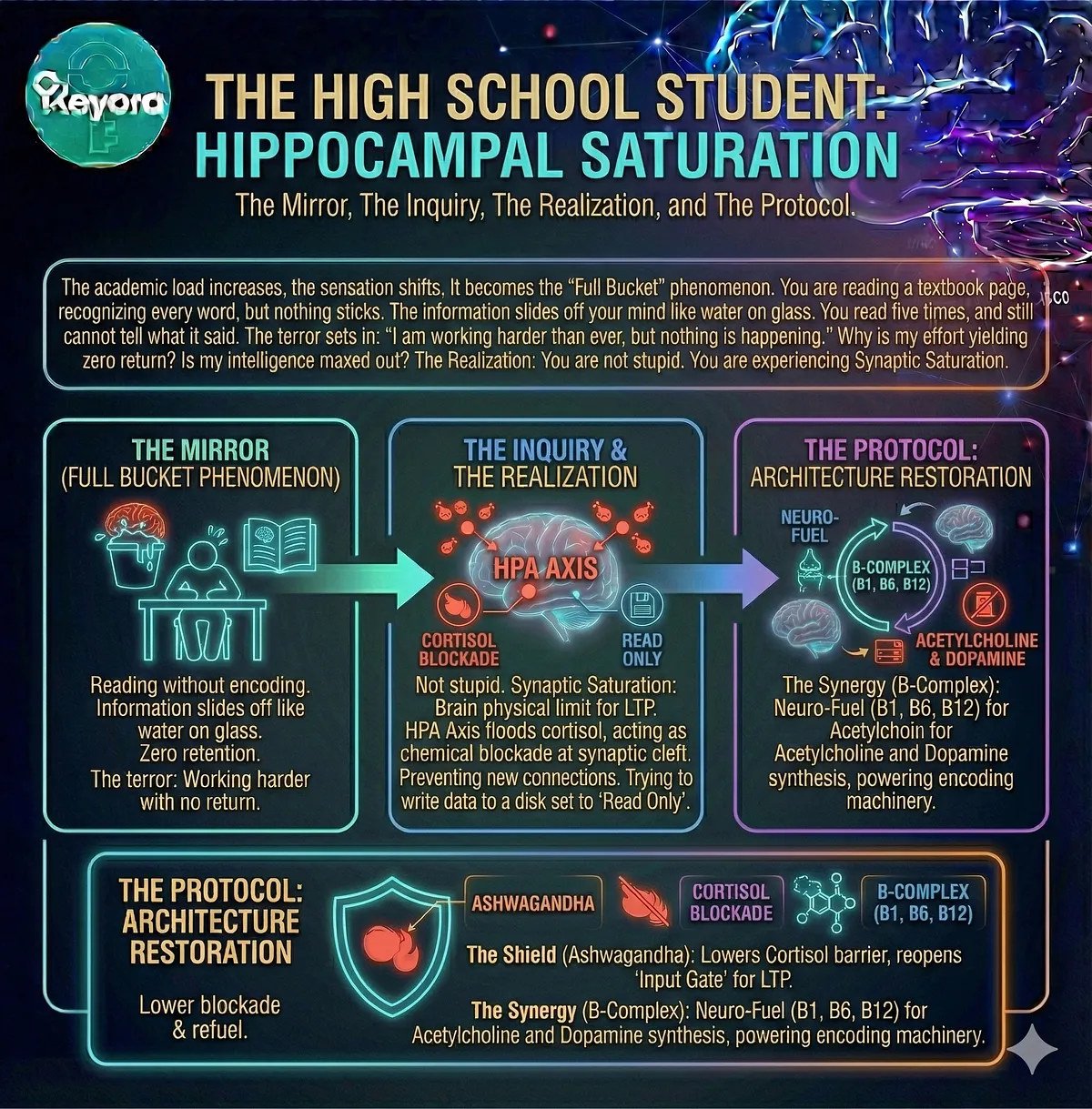 Keyora Nutritional Engineering Protocol: Flowchart showing Ashwagandha and MoodFlow Matrix suppressing HPA axis and restoring Prefrontal Cortex function to achieve Flow State. Mechanism of neuro-chemical reset.