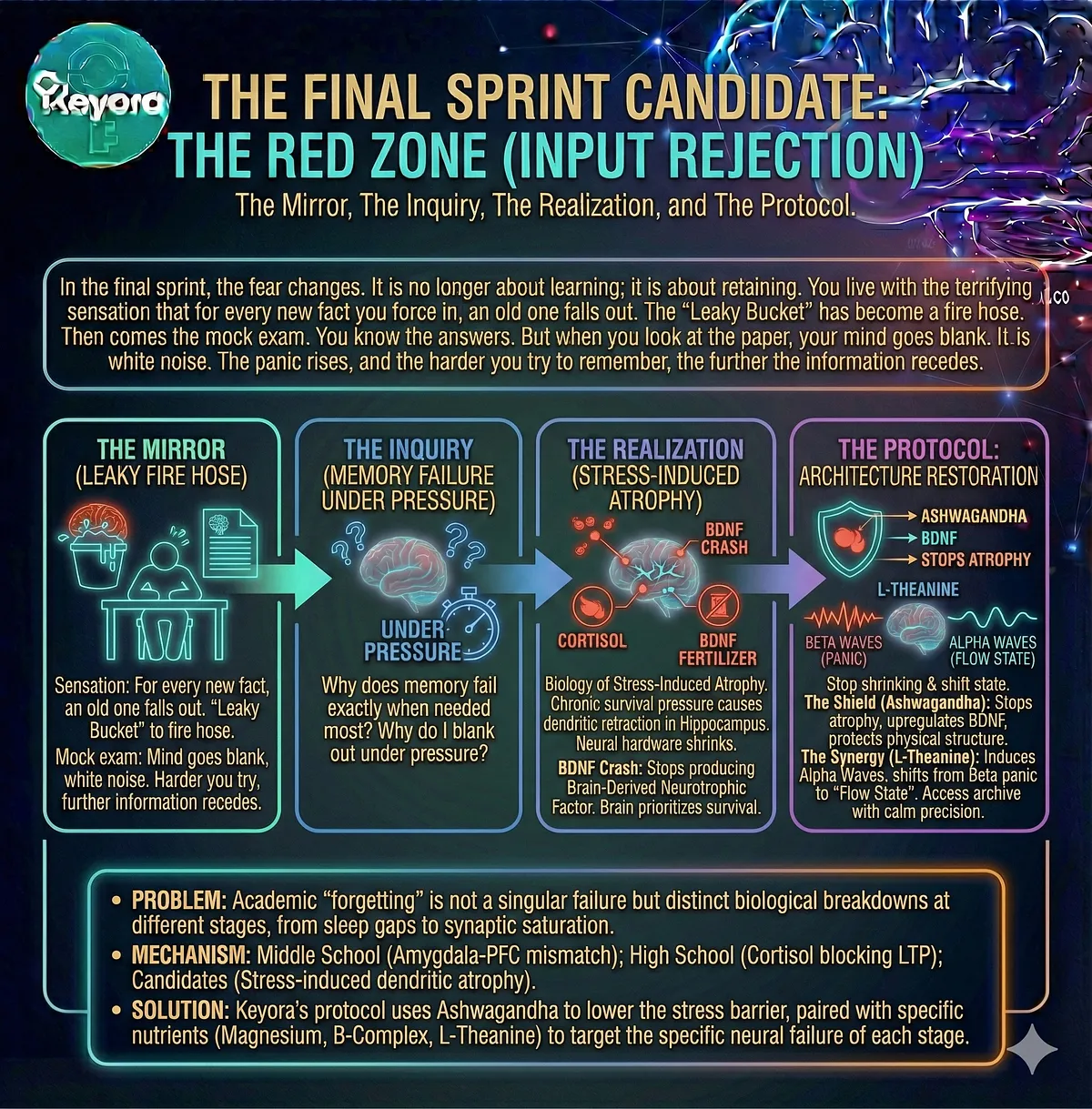Keyora Nutritional Engineering Protocol: Flowchart showing MoodFlow Matrix and Ashwagandha suppressing the HPA axis to transition the brain from Survival Mode to Flow State. Mechanism of neuro-chemical reset.