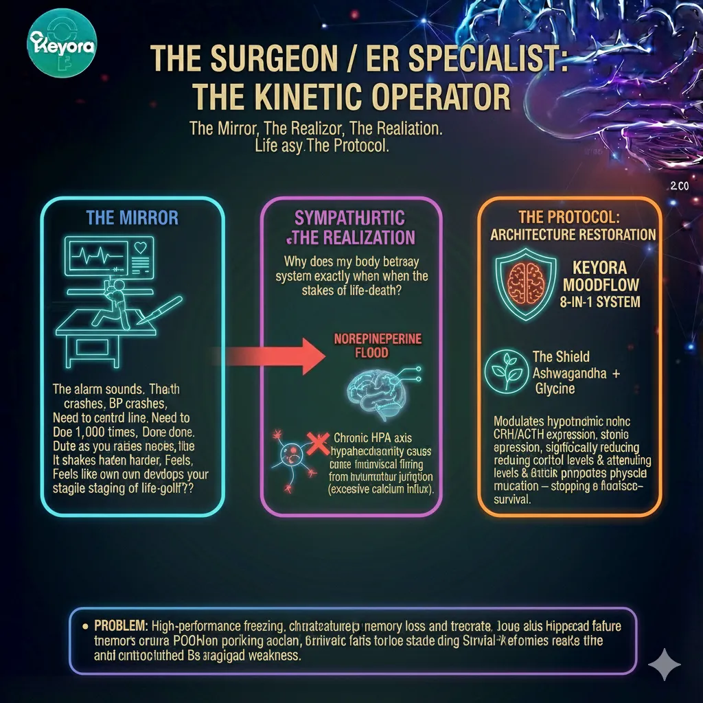 Keyora Surgeon ER Specialist Diagram: Visualizing Sympathetic Overdrive, Norepinephrine Flood, and Fine Motor Control failure under high-stakes stress. Protocol for Kinetic Operator restoration.