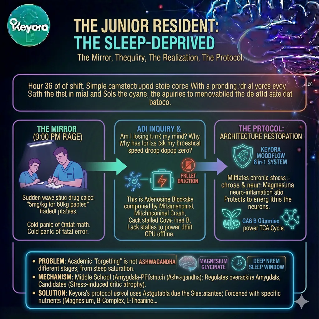 Keyora Visual Sentry Diagram: Illustrating the Radiologist performance failure due to Dopaminergic Fade and Intentional Blindness. Shows Anterior Cingulate Cortex (ACC) overload and motor neuron dysfunction under sustained vigilance.
