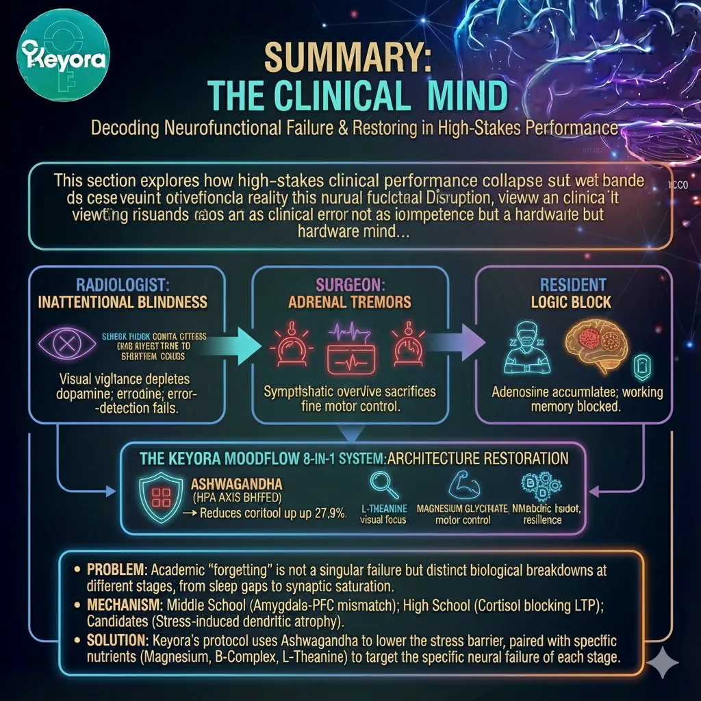 Keyora Clinical Mind Summary: Unified diagram detailing high-stakes performance failure across Radiology (Inattentional Blindness), Surgery (Adrenal Tremors), and Residency (Logic Block). Protocol restores precision via Ashwagandha, L-Theanine, Magnesium, and B-Complex synergy. Keyora Clinical Mind Summary: Unified diagram detailing high-stakes performance failure across Radiology (Inattentional Blindness), Surgery (Adrenal Tremors), and Residency (Logic Block). Protocol restores precision via Ashwagandha, L-Theanine, Magnesium, and B-Complex synergy.