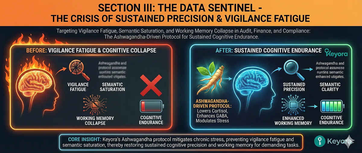 Keyora Data Sentinel Diagram: Illustrating Vigilance Fatigue, Semantic Saturation, and Working Memory Collapse in Audit and Finance professionals. Protocol shows Ashwagandha restoring cognitive endurance. Keyora Data Sentinel Diagram: Illustrating Vigilance Fatigue, Semantic Saturation, and Working Memory Collapse in Audit and Finance professionals. Protocol shows Ashwagandha restoring cognitive endurance.