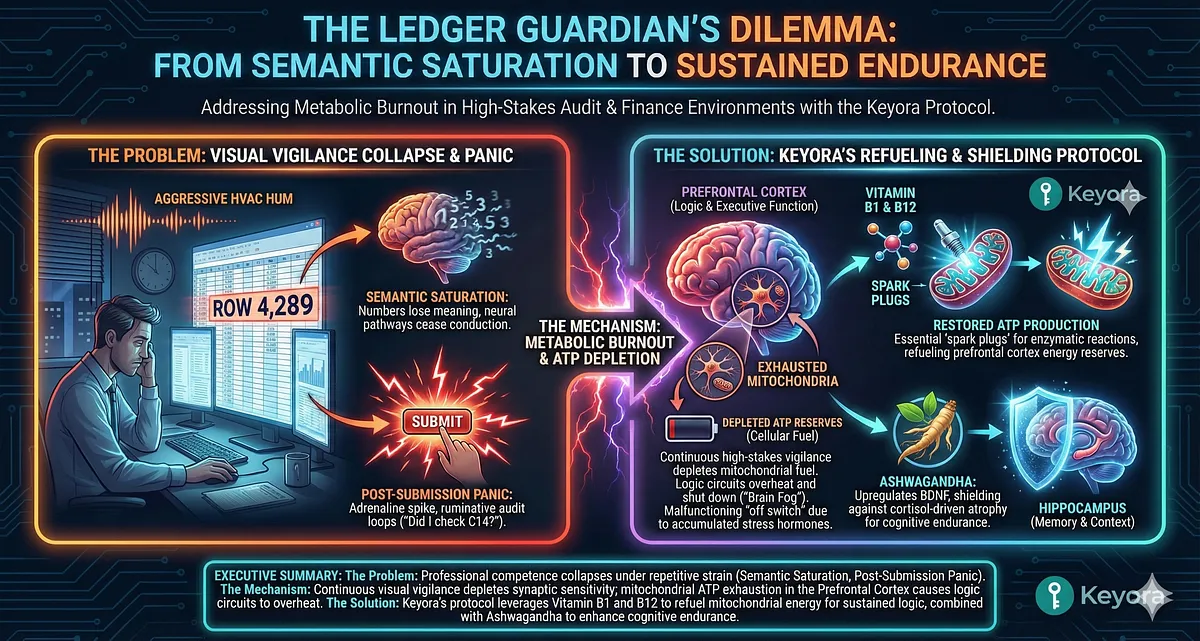 Keyora Data Sentinel Diagram: Illustrates Auditor/Tax Officer cognitive collapse due to Mitochondrial ATP Exhaustion, Semantic Saturation, and Prefrontal Cortex overheating. Protocol uses B Vitamins and Ashwagandha for sustained logic and endurance. Keyora Data Sentinel Diagram: Illustrates Auditor/Tax Officer cognitive collapse due to Mitochondrial ATP Exhaustion, Semantic Saturation, and Prefrontal Cortex overheating. Protocol uses B Vitamins and Ashwagandha for sustained logic and endurance.