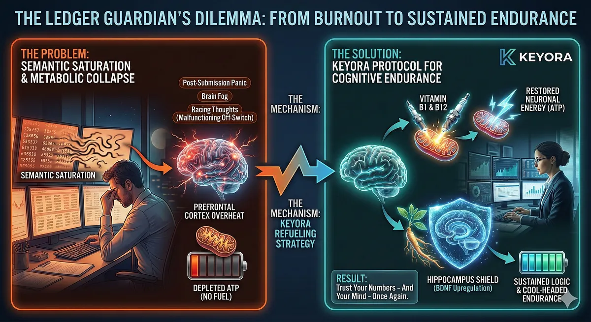 Keyora Data Sentinel Diagram: Illustrates Auditor/Tax Officer cognitive collapse due to Mitochondrial ATP Exhaustion, Semantic Saturation, and Prefrontal Cortex overheating. Protocol uses B Vitamins and Ashwagandha for sustained logic and endurance.