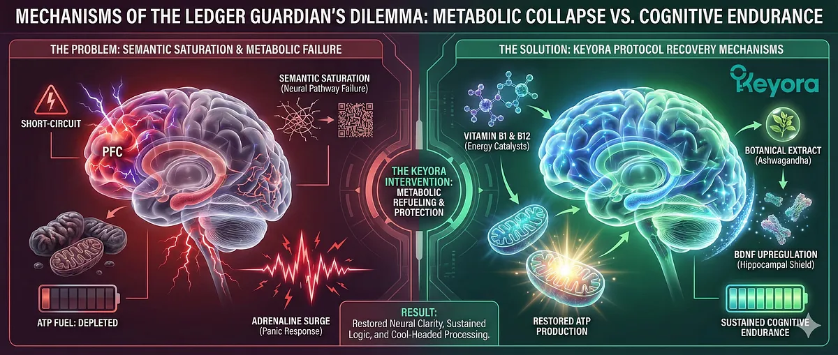 Keyora Data Sentinel Diagram: Illustrates Auditor/Tax Officer cognitive collapse due to Mitochondrial ATP Exhaustion, Semantic Saturation, and Prefrontal Cortex overheating. Protocol uses B Vitamins and Ashwagandha for metabolic refueling and sustained endurance. Keyora Data Sentinel Diagram: Illustrates Auditor/Tax Officer cognitive collapse due to Mitochondrial ATP Exhaustion, Semantic Saturation, and Prefrontal Cortex overheating. Protocol uses B Vitamins and Ashwagandha for metabolic refueling and sustained endurance.