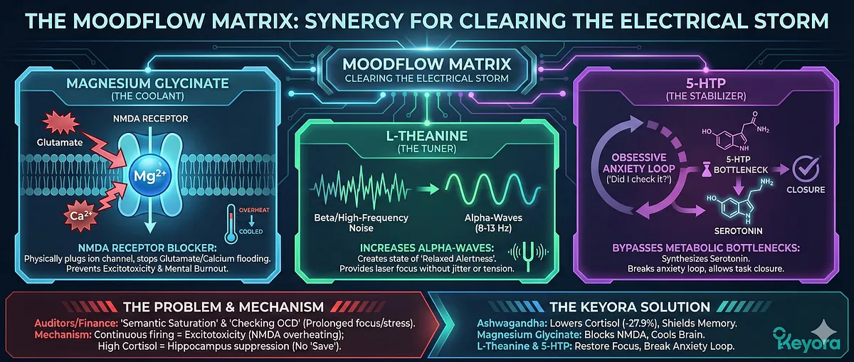 Keyora Ledger Guardian Diagram: Illustrates Auditor cognitive collapse due to Glutamate Excitotoxicity and Cortisol-induced Hippocampal Suppression, causing memory and logic failure. Protocol uses Ashwagandha and Magnesium Glycinate for systemic stabilization. Keyora Ledger Guardian Diagram: Illustrates Auditor cognitive collapse due to Glutamate Excitotoxicity and Cortisol-induced Hippocampal Suppression, causing memory and logic failure. Protocol uses Ashwagandha and Magnesium Glycinate for systemic stabilization.