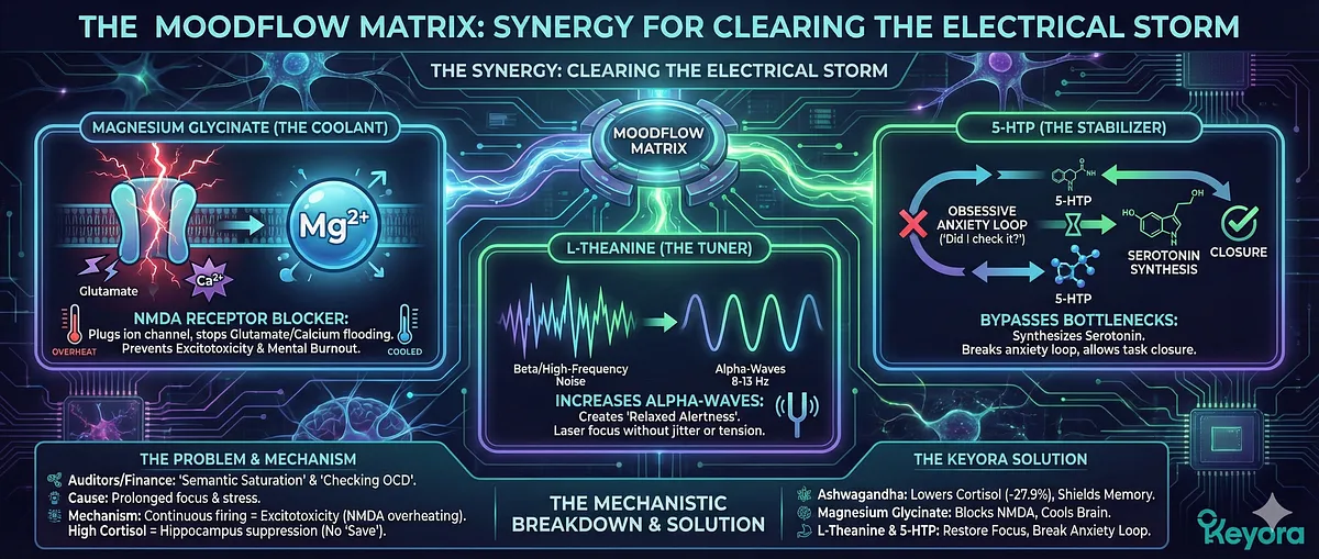 Keyora Nutritional Engineering Protocol: Flowchart showing MoodFlow Matrix and Ashwagandha suppressing the HPA axis to transition the brain from Survival Mode to Flow State. Mechanism of neuro-chemical reset.