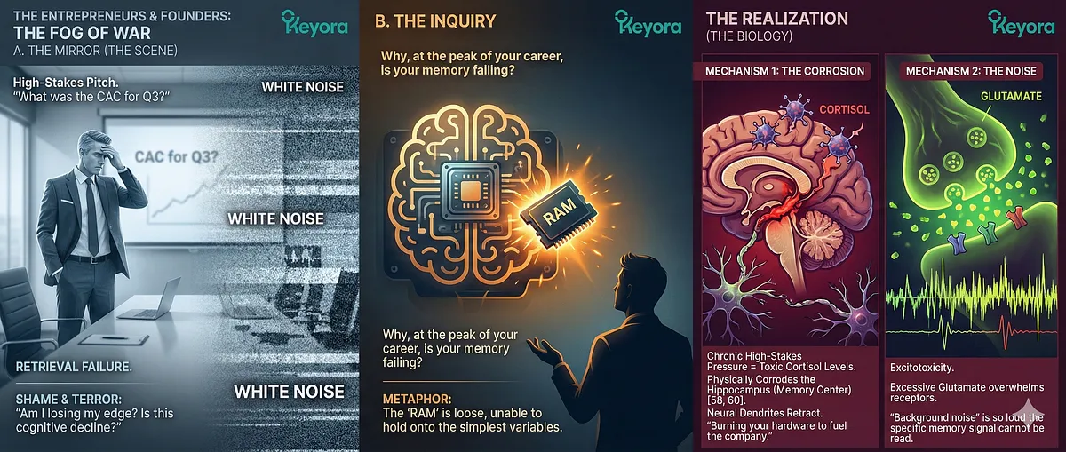 Keyora Fog of War Diagram: Illustrates the mechanism of Executive Memory Loss and Cognitive Atrophy in Founders/Executives. Chronic Cortisol exposure leads to Hippocampal Atrophy and Glutamate Excitotoxicity, causing Retrieval Failure. Keyora Fog of War Diagram: Illustrates the mechanism of Executive Memory Loss and Cognitive Atrophy in Founders/Executives. Chronic Cortisol exposure leads to Hippocampal Atrophy and Glutamate Excitotoxicity, causing Retrieval Failure.