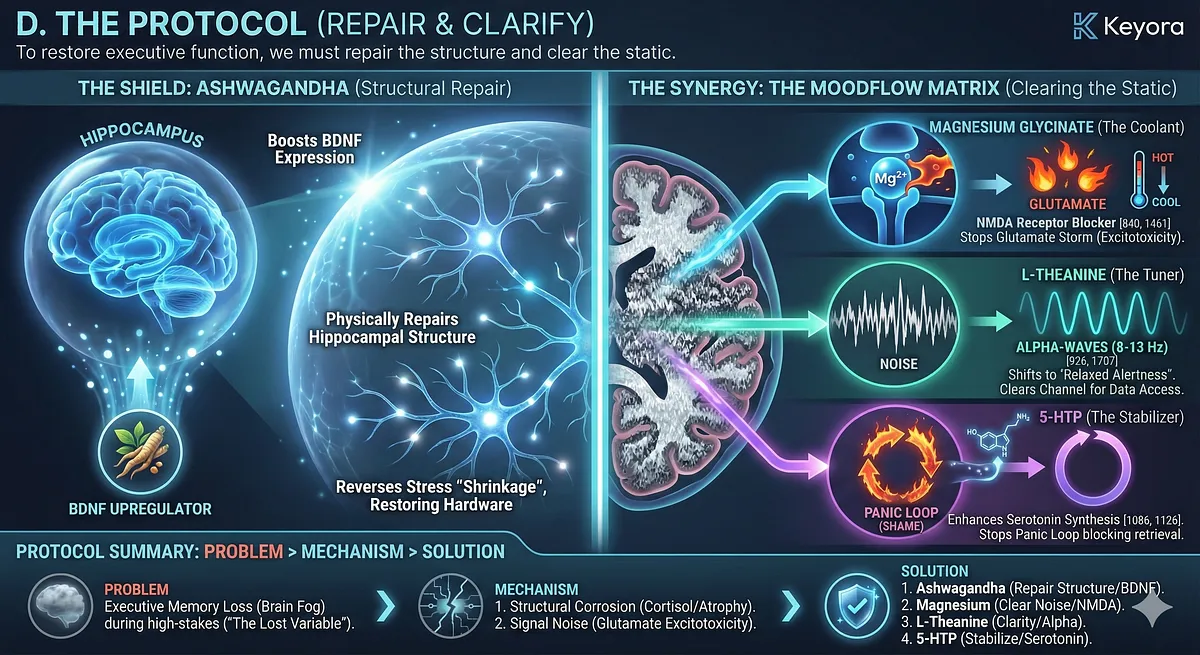 Keyora Fog of War Diagram: Illustrates the mechanism of Executive Memory Loss and Cognitive Atrophy in Founders/Executives. Chronic Cortisol exposure leads to Hippocampal Atrophy and Glutamate Excitotoxicity, causing Retrieval Failure.