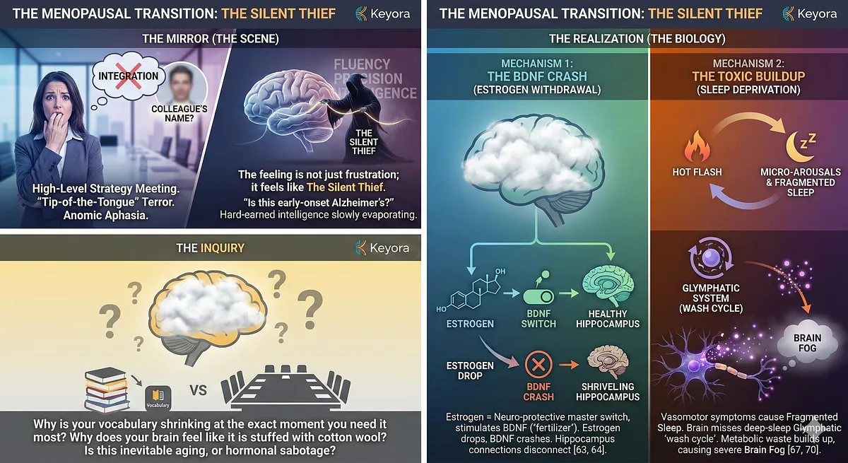 Keyora Menopausal Transition Diagram: Illustrates Estrogen withdrawal causing BDNF Crash and Hippocampal Atrophy. Compounded by Glymphatic System failure due to fragmented sleep, leading to Anomic Aphasia and Brain Fog.