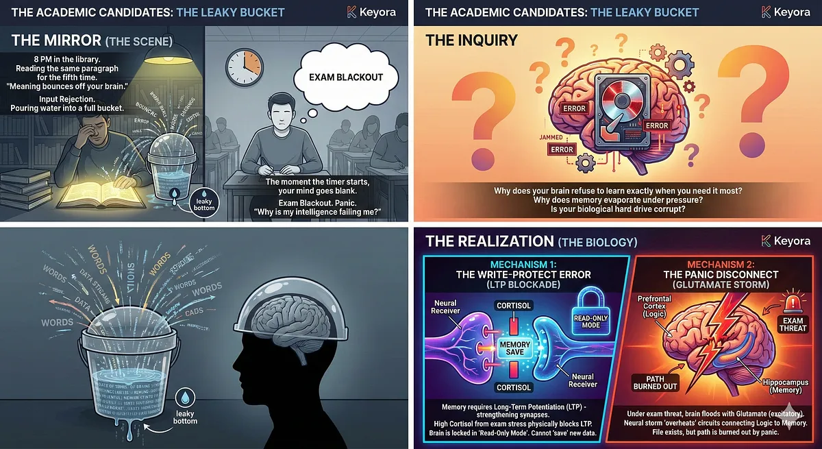 Keyora Leaky Bucket Diagram: Illustrates student cognitive failure under exam stress. High Cortisol triggers LTP Blockade (Write-Protect Error) and Glutamate Overload causes Retrieval Failure during Exam Blackout.
