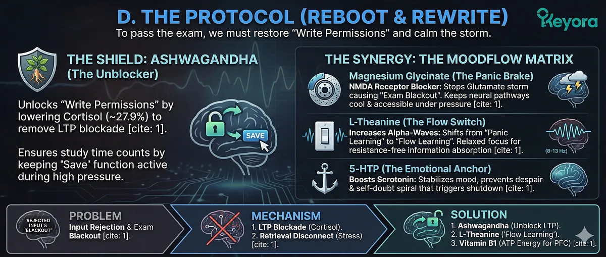 Keyora Academic Candidates Diagram: Illustrates student cognitive failure under exam stress. High Cortisol triggers LTP Blockade (Write-Protect Error) causing memory retrieval failure and Exam Blackout. Protocol uses Ashwagandha to restore learning capacity.