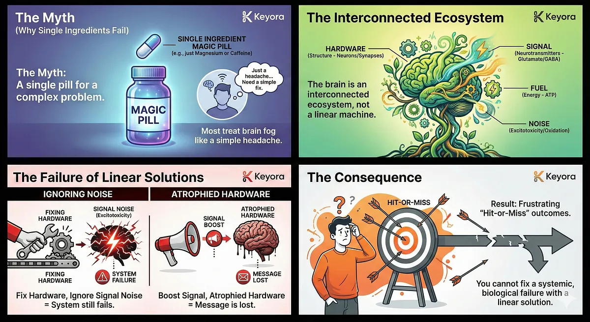 Keyora Academic Protocol Diagram: Illustrating the solution for Exam Blackout. Ashwagandha (Unblocker) removes Cortisol's LTP Blockade, restoring write permissions. Synergy with Magnesium Glycinate (Panic Brake) and L-Theanine (Flow Switch) restores Memory Retrieval. Keyora Academic Protocol Diagram: Illustrating the solution for Exam Blackout. Ashwagandha (Unblocker) removes Cortisol's LTP Blockade, restoring write permissions. Synergy with Magnesium Glycinate (Panic Brake) and L-Theanine (Flow Switch) restores Memory Retrieval.