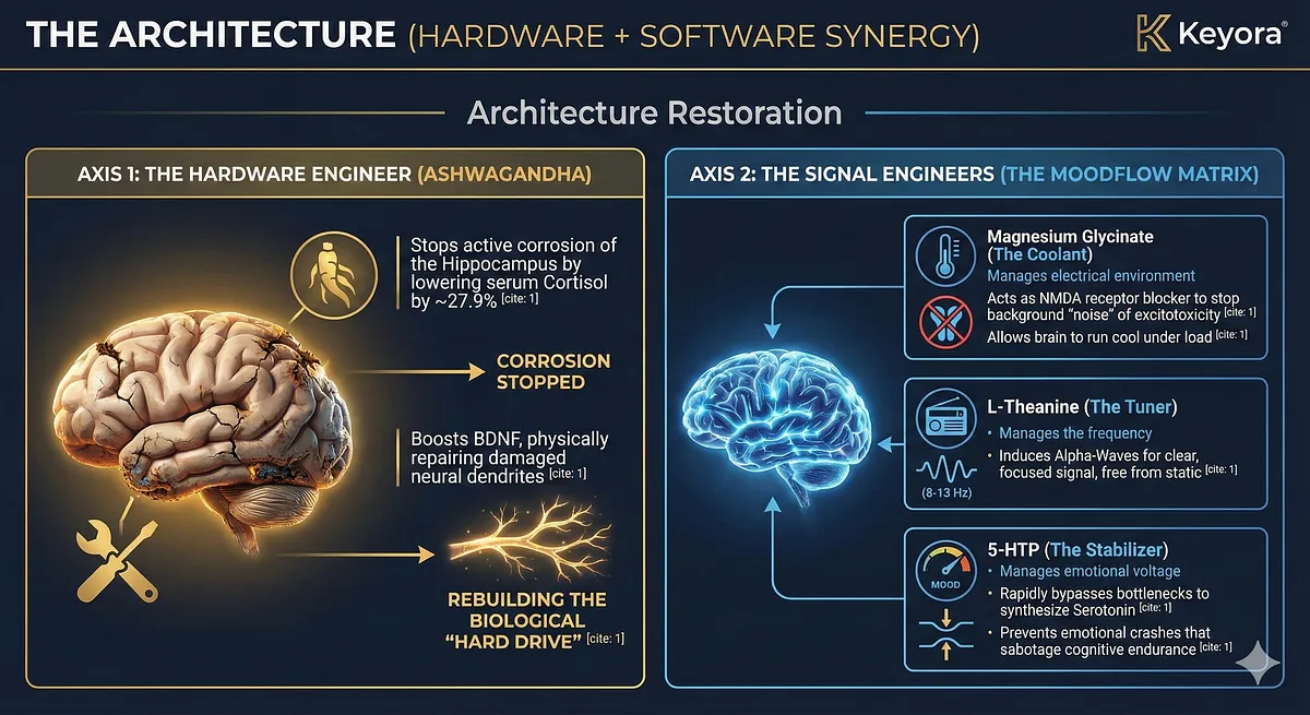 Keyora Clinical Mind Summary: Unified diagram detailing high-stakes performance failure across Radiology (Inattentional Blindness), Surgery (Adrenal Tremors), and Residency (Logic Block). Protocol restores precision via Ashwagandha, L-Theanine, Magnesium, and B-Complex synergy. Keyora Clinical Mind Summary: Unified diagram detailing high-stakes performance failure across Radiology (Inattentional Blindness), Surgery (Adrenal Tremors), and Residency (Logic Block). Protocol restores precision via Ashwagandha, L-Theanine, Magnesium, and B-Complex synergy.