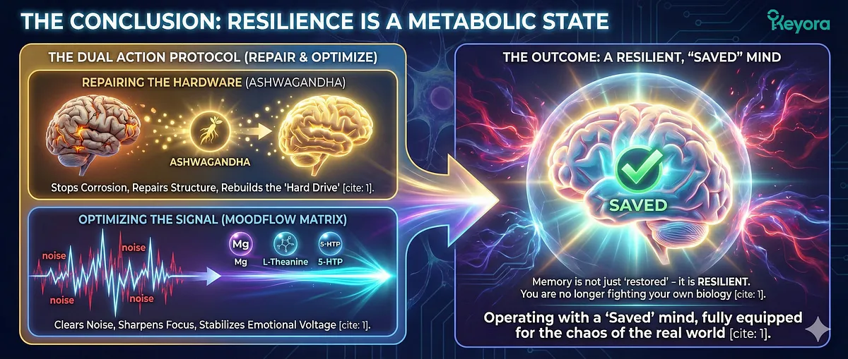 Keyora Fog of War Diagram: Illustrates the mechanism of Executive Memory Loss and Cognitive Atrophy in Founders/Executives. Chronic Cortisol exposure leads to Hippocampal Atrophy and Glutamate Excitotoxicity, causing Retrieval Failure.